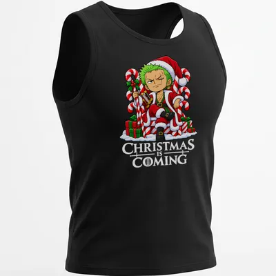 Kawaii cartoon design of Roronoa Zoro sitting on a throne made of candy canes — printed on a tank top