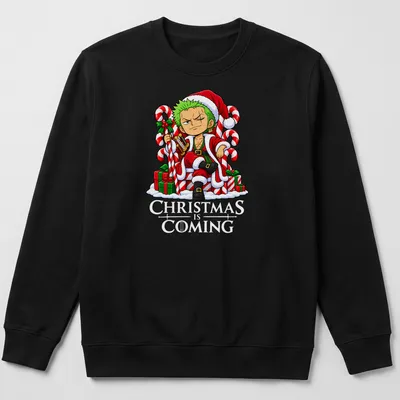 Kawaii cartoon design of Roronoa Zoro sitting on a throne made of candy canes — printed on a unisex sweatshirt