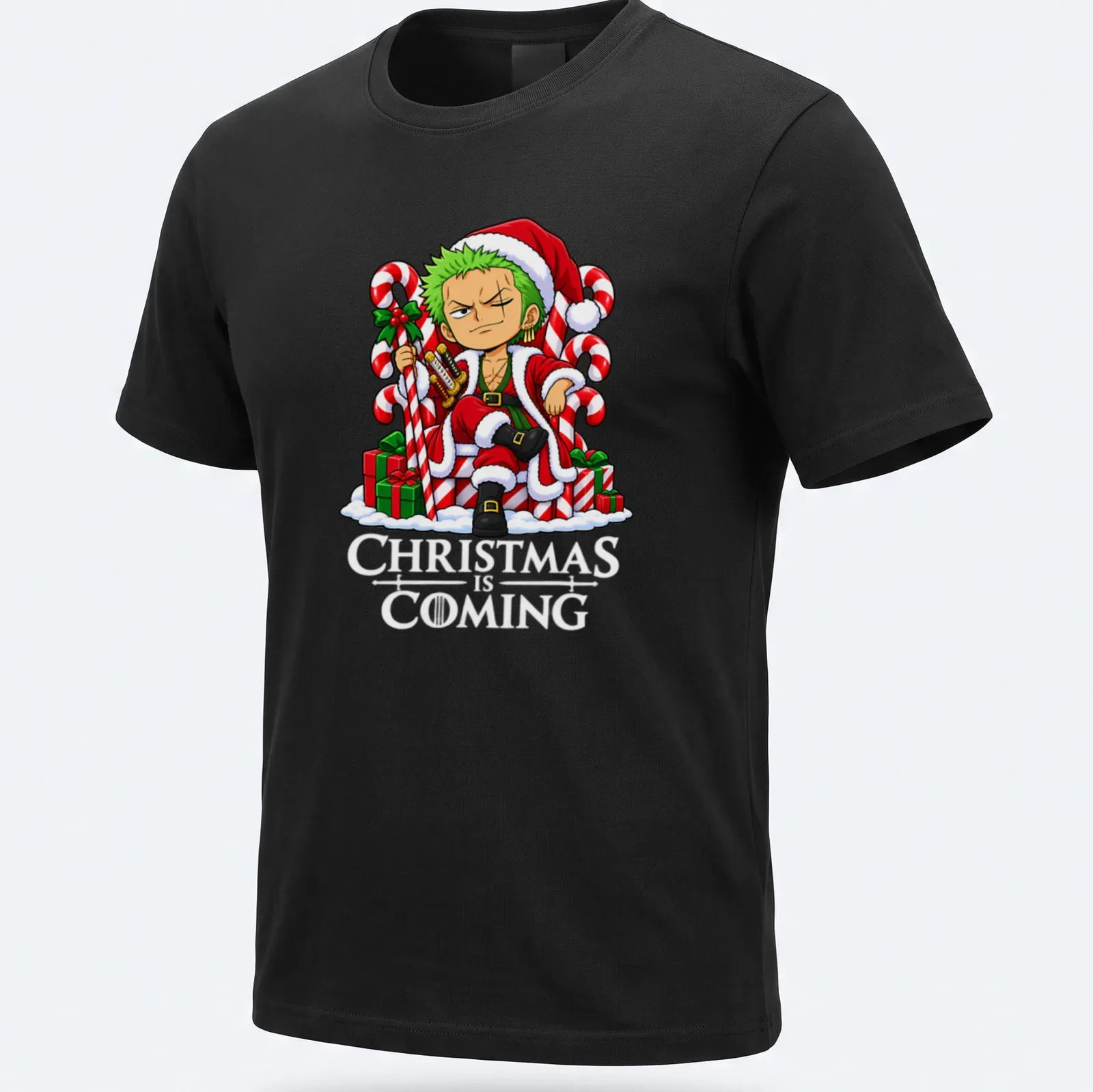 Kawaii cartoon design of Roronoa Zoro sitting on a throne made of candy canes — printed on a unisex t-shirt