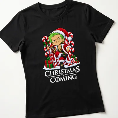 Kawaii cartoon design of Roronoa Zoro sitting on a throne made of candy canes — printed on a women's shirt