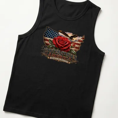 Vintage patriotic design featuring a rose, the USA flag, and an eagle with text. — printed on a tank top