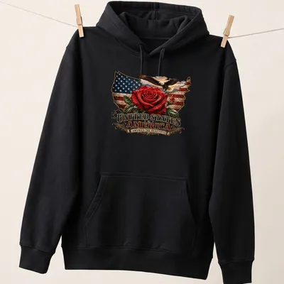Vintage patriotic design featuring a rose, the USA flag, and an eagle with text. — printed on a unisex hoodie