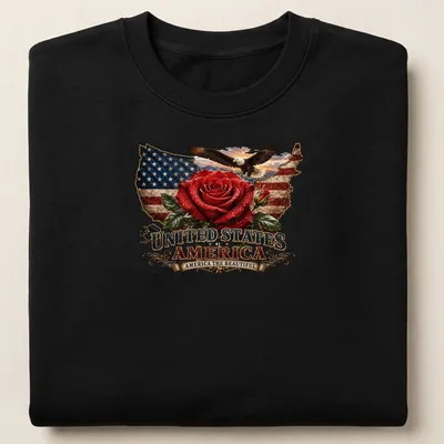 Vintage patriotic design featuring a rose, the USA flag, and an eagle with text. — printed on a unisex sweatshirt