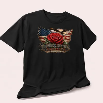 Vintage patriotic design featuring a rose, the USA flag, and an eagle with text. — printed on a unisex t-shirt (angled view)