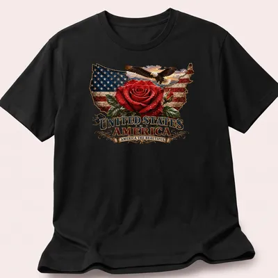 Vintage patriotic design featuring a rose, the USA flag, and an eagle with text.