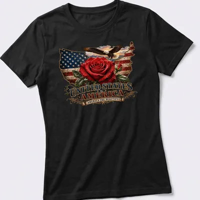 Vintage patriotic design featuring a rose, the USA flag, and an eagle with text. — printed on a women's shirt