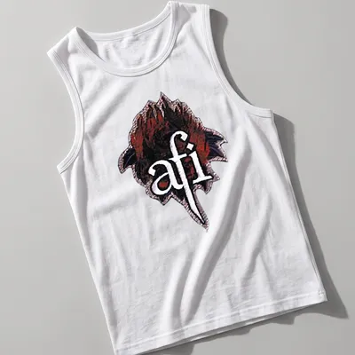 Detailed graphic of a red rose with AFI logo in black and white — printed on a tank top