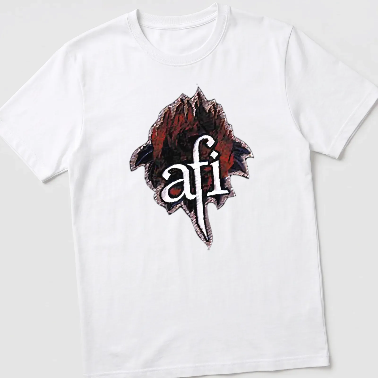 Detailed graphic of a red rose with AFI logo in black and white — printed on a unisex t-shirt