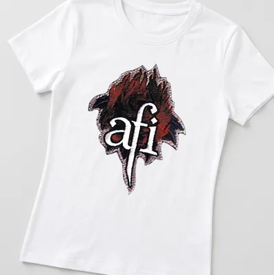 Detailed graphic of a red rose with AFI logo in black and white — printed on a women's shirt