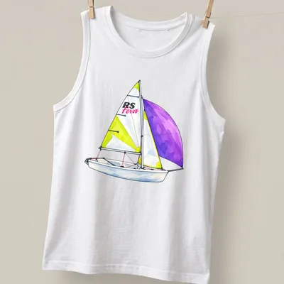 Watercolor illustration of RS Feva sailing dinghy with vibrant colors — printed on a tank top