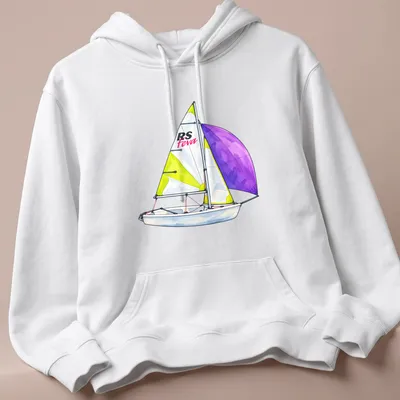 Watercolor illustration of RS Feva sailing dinghy with vibrant colors — printed on a unisex hoodie