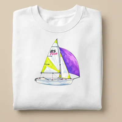 Watercolor illustration of RS Feva sailing dinghy with vibrant colors — printed on a unisex sweatshirt