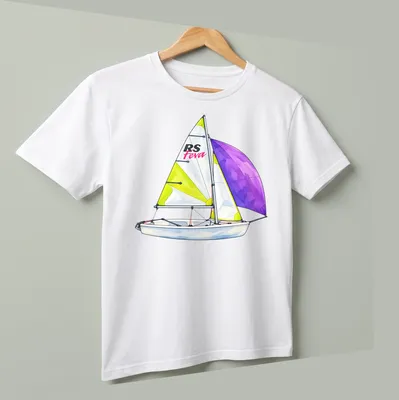 Watercolor illustration of RS Feva sailing dinghy with vibrant colors — printed on a unisex t-shirt (angled view)