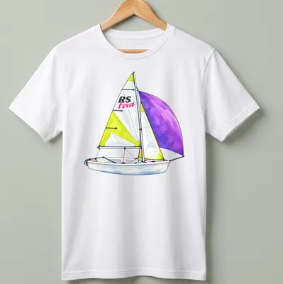 Watercolor illustration of RS Feva sailing dinghy with vibrant colors