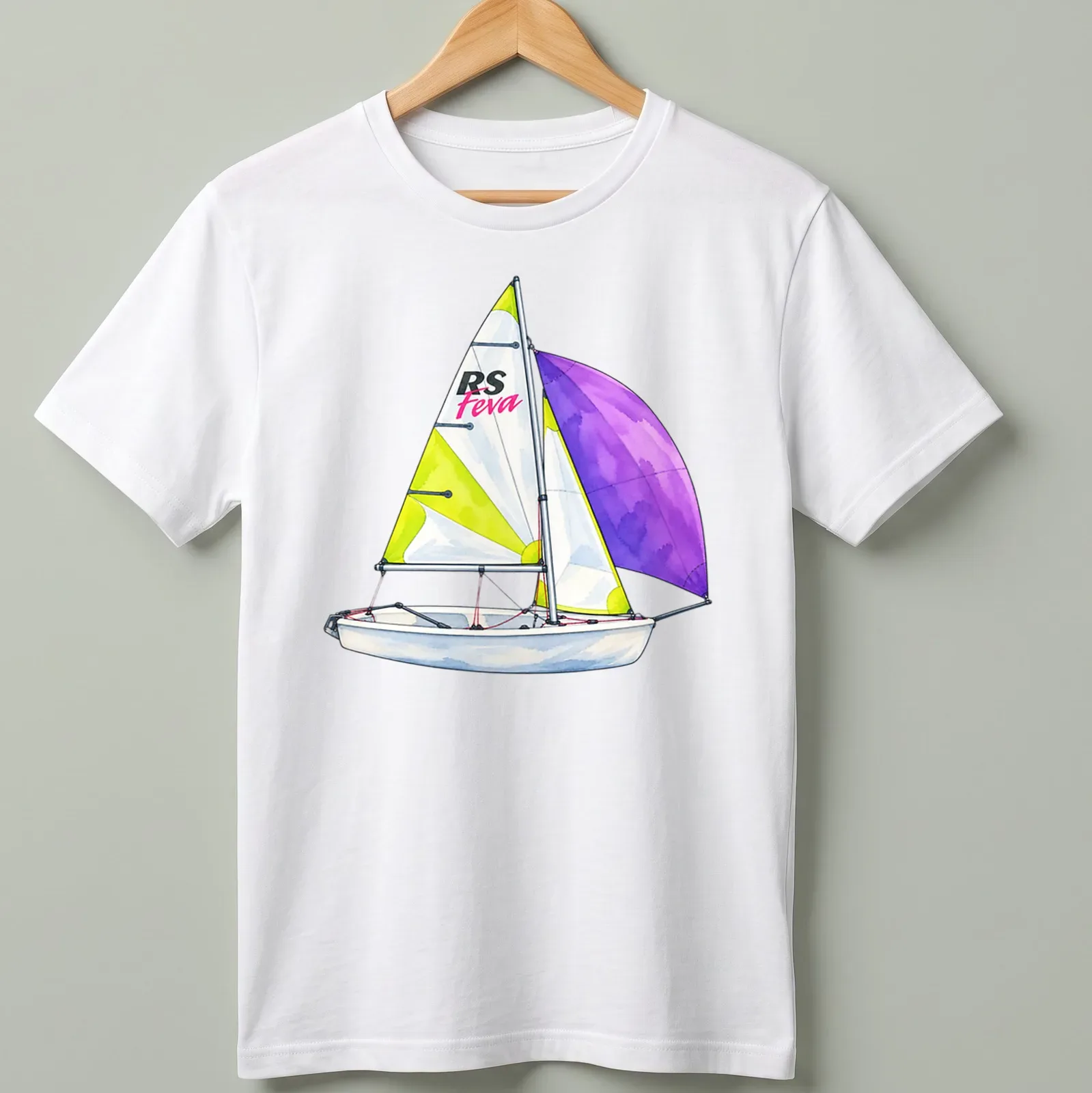 Watercolor illustration of RS Feva sailing dinghy with vibrant colors — printed on a unisex t-shirt