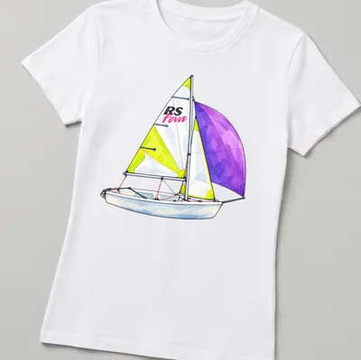 Watercolor illustration of RS Feva sailing dinghy with vibrant colors — printed on a women's shirt