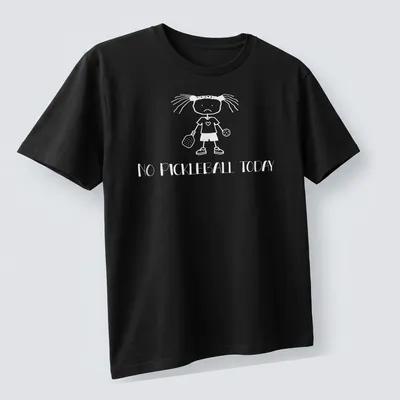 Cartoon design of a sad girl with a pickleball paddle and balls, text 'NO PICKLEBALL TODAY' — printed on a unisex t-shirt (angled view)