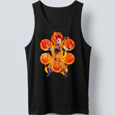 Anime style Saiyan warrior in vibrant colors depicting transformation and strength — printed on a tank top
