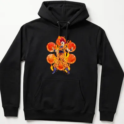 Anime style Saiyan warrior in vibrant colors depicting transformation and strength — printed on a unisex hoodie