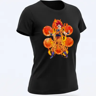 Anime style Saiyan warrior in vibrant colors depicting transformation and strength — printed on a women's shirt
