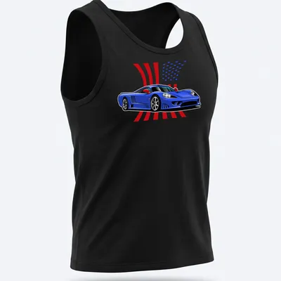 Cartoon Saleen S7 sports car against a background of USA flags. — printed on a tank top