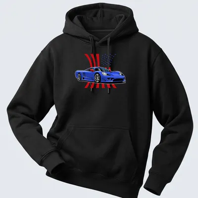 Cartoon Saleen S7 sports car against a background of USA flags. — printed on a unisex hoodie