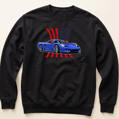 Cartoon Saleen S7 sports car against a background of USA flags. — printed on a unisex sweatshirt