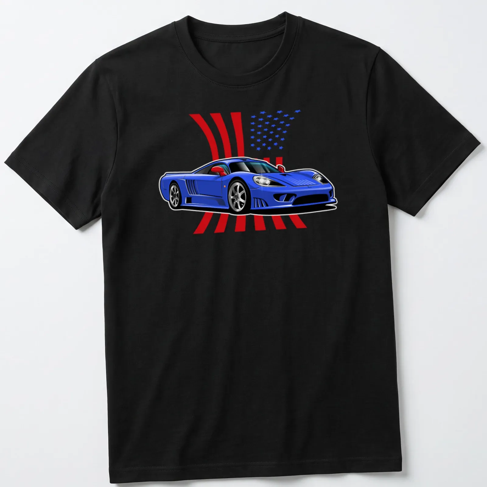 Cartoon Saleen S7 sports car against a background of USA flags. — printed on a unisex t-shirt