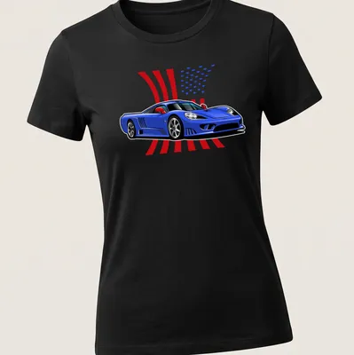 Cartoon Saleen S7 sports car against a background of USA flags. — printed on a women's shirt