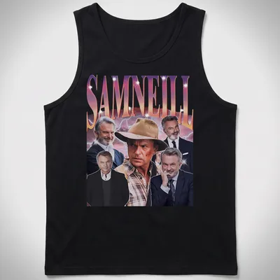 Retro vintage Sam Neill t-shirt in purple, pink, white, and black — printed on a tank top