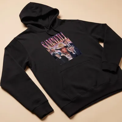 Retro vintage Sam Neill t-shirt in purple, pink, white, and black — printed on a unisex hoodie