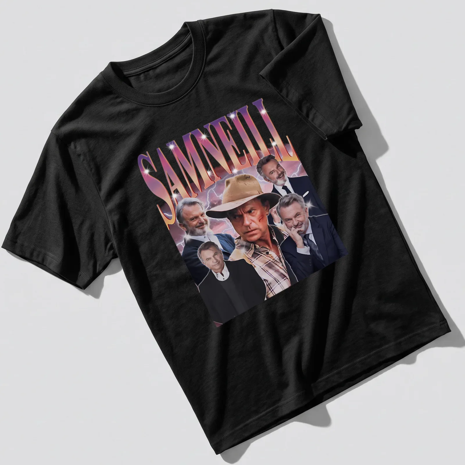 Retro vintage Sam Neill t-shirt in purple, pink, white, and black — printed on a unisex t-shirt