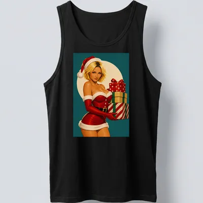 Vintage pin-up Santa girl with Christmas presents and holly design — printed on a tank top