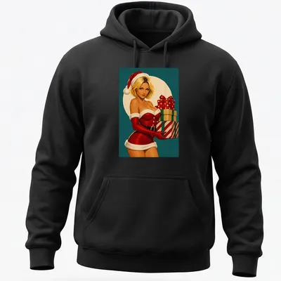Vintage pin-up Santa girl with Christmas presents and holly design — printed on a unisex hoodie