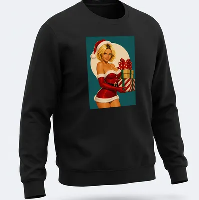 Vintage pin-up Santa girl with Christmas presents and holly design — printed on a unisex sweatshirt