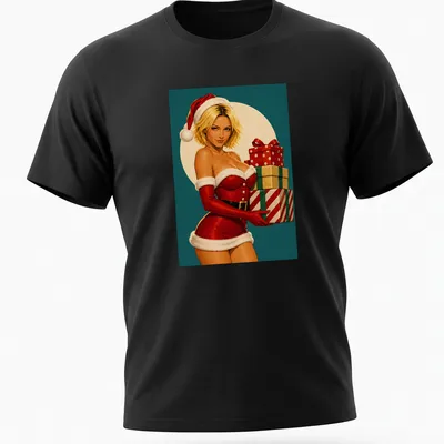 Vintage pin-up Santa girl with Christmas presents and holly design