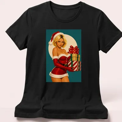 Vintage pin-up Santa girl with Christmas presents and holly design — printed on a women's shirt