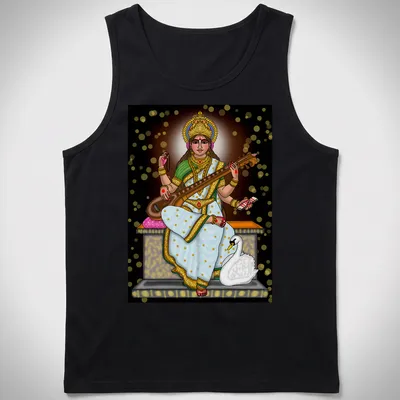 Digital illustration of Saraswati Goddess in vibrant hues of gold, white, green, pink, and black — printed on a tank top