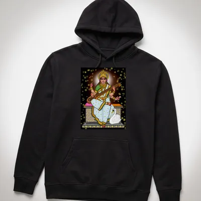 Digital illustration of Saraswati Goddess in vibrant hues of gold, white, green, pink, and black — printed on a unisex hoodie