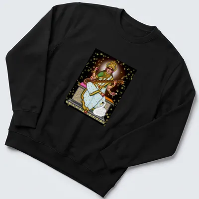 Digital illustration of Saraswati Goddess in vibrant hues of gold, white, green, pink, and black — printed on a unisex sweatshirt