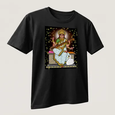 Digital illustration of Saraswati Goddess in vibrant hues of gold, white, green, pink, and black — printed on a unisex t-shirt (angled view)