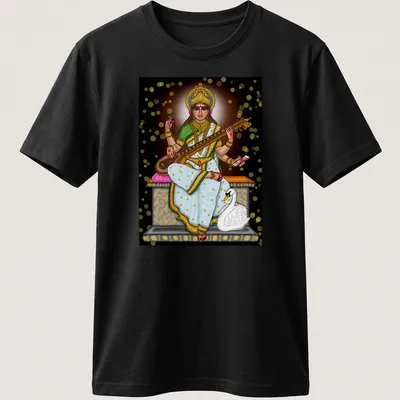 Digital illustration of Saraswati Goddess in vibrant hues of gold, white, green, pink, and black