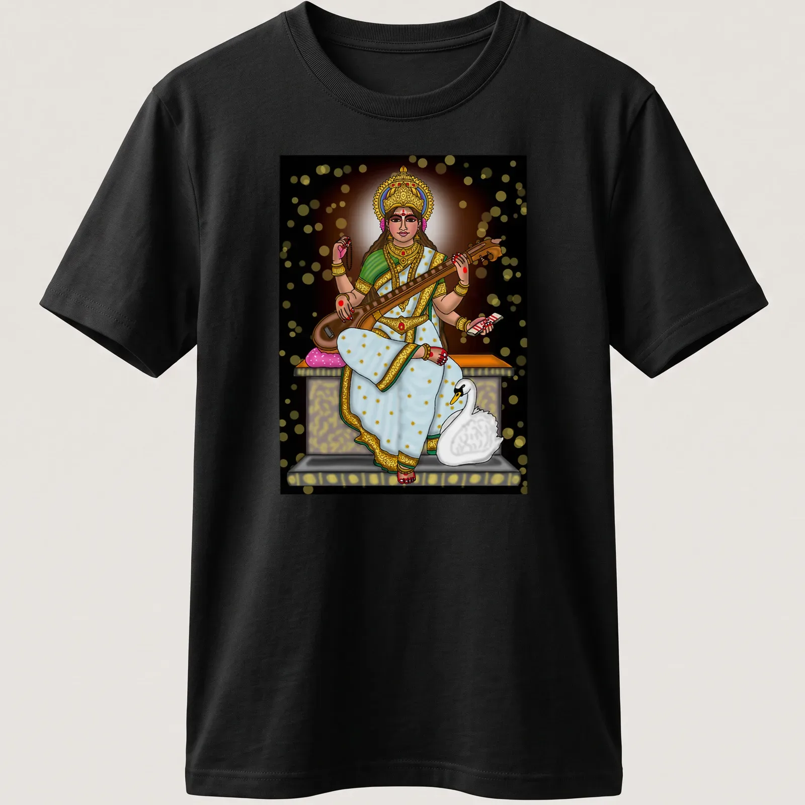 Digital illustration of Saraswati Goddess in vibrant hues of gold, white, green, pink, and black — printed on a unisex t-shirt