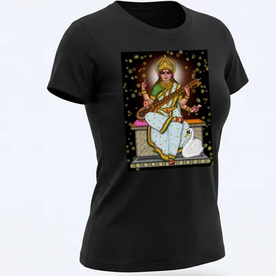 Digital illustration of Saraswati Goddess in vibrant hues of gold, white, green, pink, and black — printed on a women's shirt