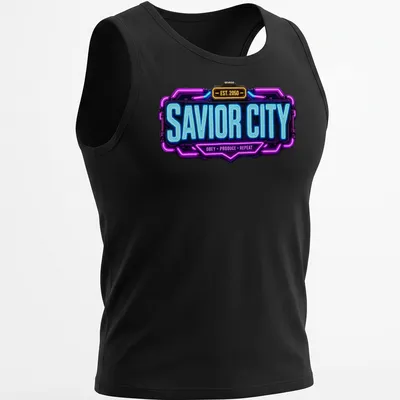 Neon graphic of Savior City logo with bold text in blue, purple, and yellow. — printed on a tank top