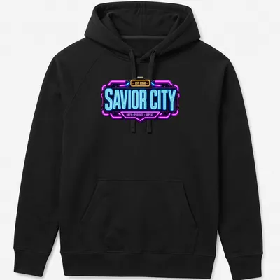 Neon graphic of Savior City logo with bold text in blue, purple, and yellow. — printed on a unisex hoodie
