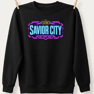 Neon graphic of Savior City logo with bold text in blue, purple, and yellow. — printed on a unisex sweatshirt
