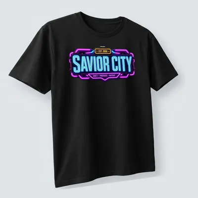 Neon graphic of Savior City logo with bold text in blue, purple, and yellow. — printed on a unisex t-shirt (angled view)