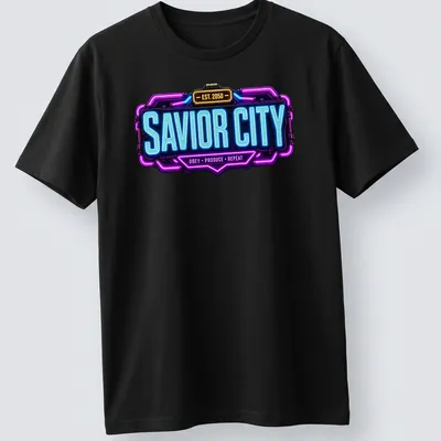 Neon graphic of Savior City logo with bold text in blue, purple, and yellow.