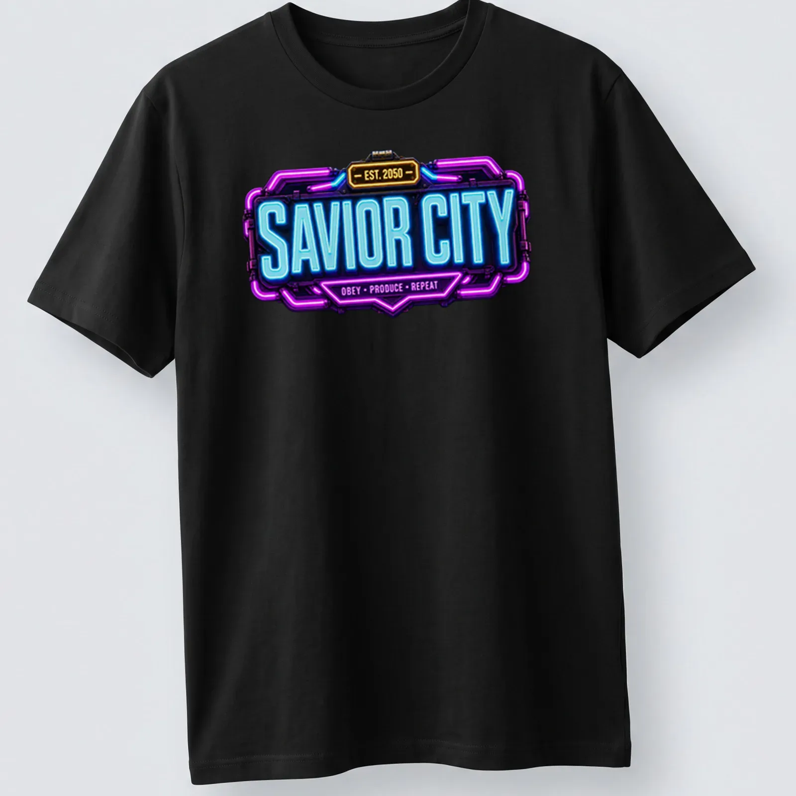 Neon graphic of Savior City logo with bold text in blue, purple, and yellow. — printed on a unisex t-shirt